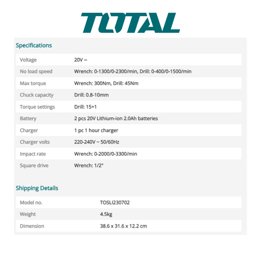 TOTAL Cordless Impact Wrench Combo